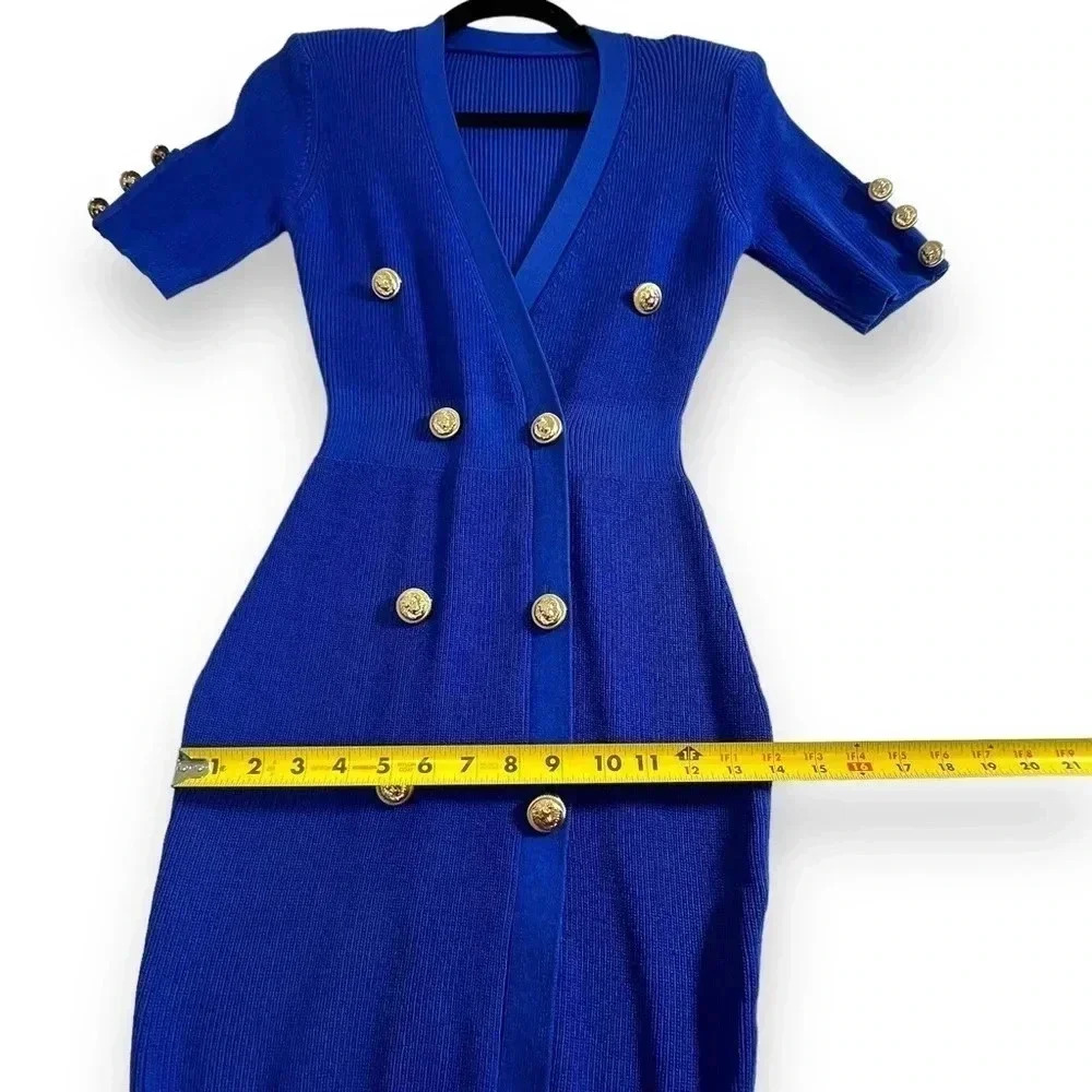 Vanity Couture Marishka Deep V Button Up Knit Dress Royal Blue Gold Buttons - Picture 13 of 14